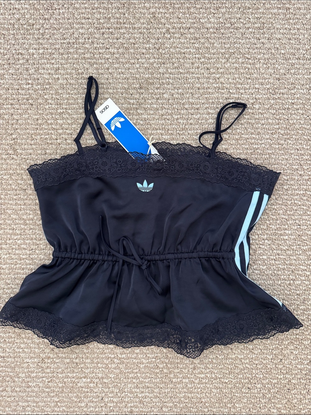 adidas x asos Navy satin Lace-Trim Tank Top with Light Blue Accents
